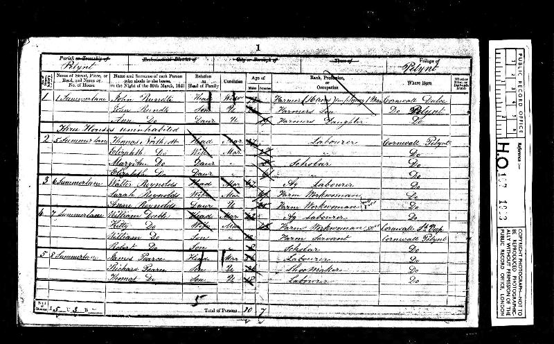UKCensus 1851 Pelynt, Cornwall, England HO107/1903/18/1 (Walter Reynolkds Snr)